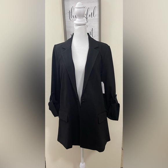 Women's Relaxed Fit Button Front Ponte Blazer with Adjustable Sleeves Black. NWT - Picture 14 of 17